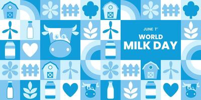 World Milk Day illustration background for web template, landing page with geometric nature mosaic vector