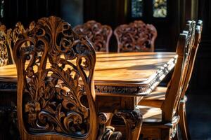 Intricate Carved Wooden Dining Table And Chairs photo