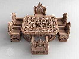 Intricate Wooden Dining Set With Carved Chairs photo