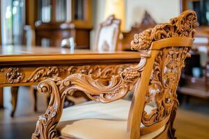 Intricate Wooden Chair And Table Display Exquisite Carving Detail photo