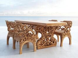 Intricate Wooden Dining Set Near Ocean View photo