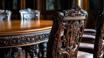 Intricate Engraved Wood Dining Table And Chairs photo