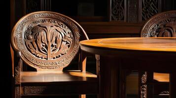 Intricate Wooden Chairs and Table Displaying Floral Carvings photo