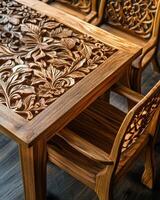Intricate Wooden Table And Chairs With Floral Carving photo