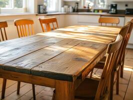 Rustic Wooden Table With Matching Chairs In Sunlit Kitchen photo
