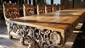 Intricate Carved Wooden Dining Table With Matching Chairs photo