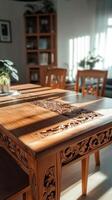 Intricate Carved Wooden Dining Table In Sunlight photo
