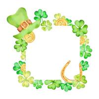 Clover leaf with gold coins, horseshoe and leprechaun top hat for St. Patrick's Day. Square frame with copy space. Watercolor illustrations. Hand drawn isolated art. Sketch of luck, profit, succes vector