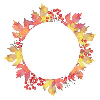 Round autumn frame of autumn leaves with rowan berries, rose hips. Hand drawn botanical elements. Watercolor illustration. Banner for invitations, quotes and decorations for Thanksgiving, Halloween