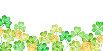 Shamrock and four leaf clover with gold coins for Patricks Day. Horizontal frame. Watercolor illustrations. Hand drawn isolated art. Background with space for text. Sketch of luck, profit, success vector