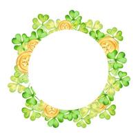 Shamrock and four leaf clover with gold coins for St. Patrick's Day. Round frame. Watercolor illustrations. Hand drawn isolated art. Background with space for text. Sketch of luck, profit, success vector