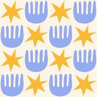 Cute geometric seamless pattern with hand drawn shapes on a beige background. Simple groovy modern design. Blue and yellow colors. vector