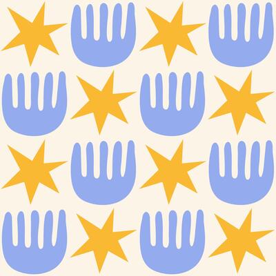 Cute geometric seamless pattern with hand drawn shapes on a beige background. Simple groovy modern design. Blue and yellow colors.