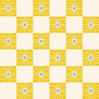 Retro checkerboard seamless pattern with organic shape sun or flower on a beige background. Cute colorful trendy illustration in style 70s, 80s vector