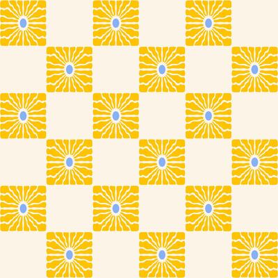 Retro checkerboard seamless pattern with organic shape sun or flower on a beige background. Cute colorful trendy illustration in style 70s, 80s
