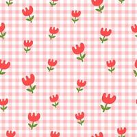 Cute geometric seamless pattern with hand drawn flowers on checkered background. Simple groovy modern design. Red, green and pink colors vector