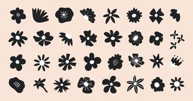 Floral set cute botanical elements on a beige background. Spring and summer groovy flowers. vector