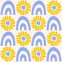 Cute geometric seamless pattern with hand drawn shapes on a beige background. Simple groovy modern design. Blue and yellow colors vector