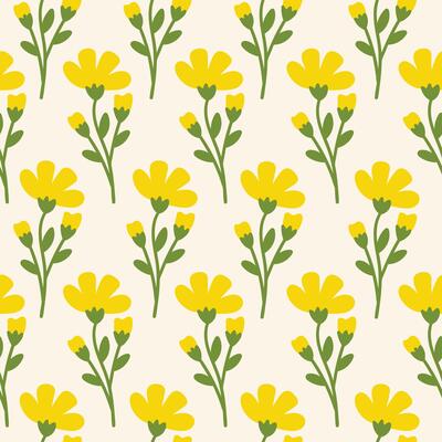 Seamless pattern with hand drawn flowers on a beige background. Cute floral minimal print. Yellow, green and beige colors.