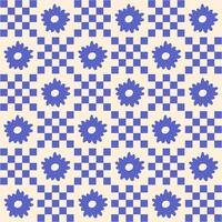 Geometric seamless pattern with hand drawn flowers and squares on a beige background. Simple groovy modern design. Blue and beige colors vector