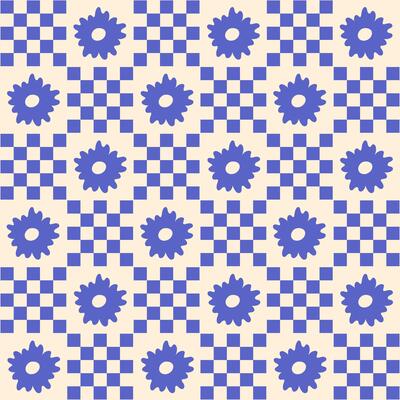 Geometric seamless pattern with hand drawn flowers and squares on a beige background. Simple groovy modern design. Blue and beige colors