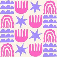 Cute geometric seamless pattern with hand drawn shapes on a beige background. Simple groovy modern design. Purple and pink colors vector