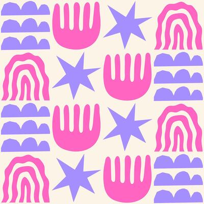 Cute geometric seamless pattern with hand drawn shapes on a beige background. Simple groovy modern design. Purple and pink colors