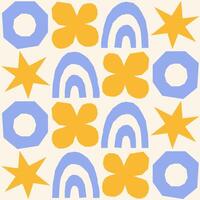 Cute geometric seamless pattern with hand drawn shapes on beige background. Simple groovy modern design. Blue and yellow colors vector