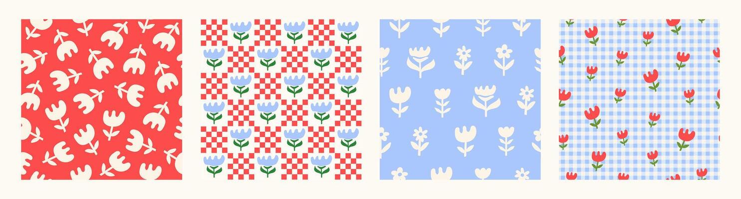 Set seamless patterns with cute hand drawn flowers.