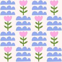 Cute geometric seamless pattern with hand drawn shapes on a beige background. Simple groovy modern design. Blue, green and pink colors vector