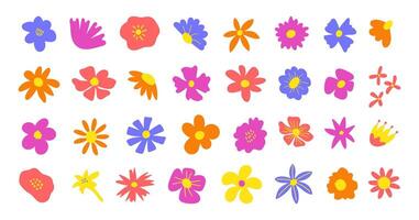 Floral set cute botanical elements on a white background. Spring and summer groovy flowers. vector
