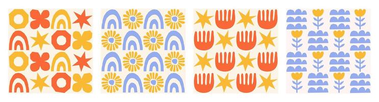 Geometric set seamless patterns with hand drawn shapes on a beige background. Simple groovy modern design. Red, blue and yellow colors vector
