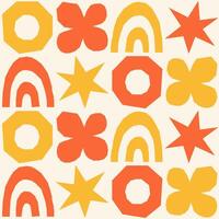 Cute geometric seamless pattern with hand drawn shapes on a beige background. Simple groovy modern design. Red and yellow colors. vector