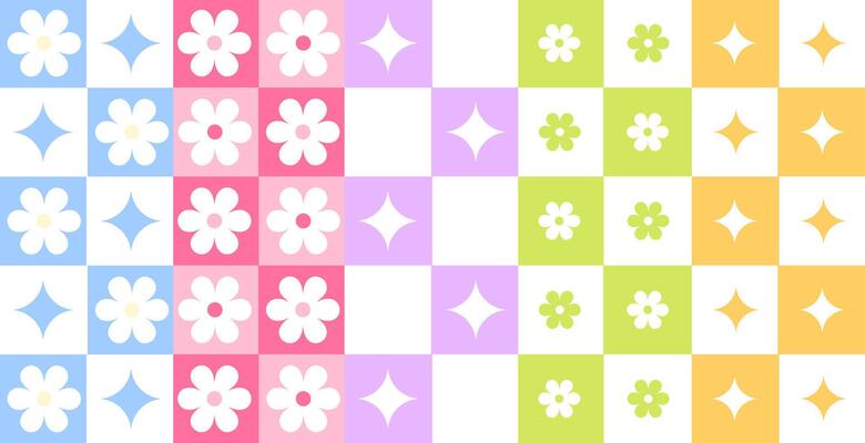 Set of seamless patterns with checkered, flowers and stars