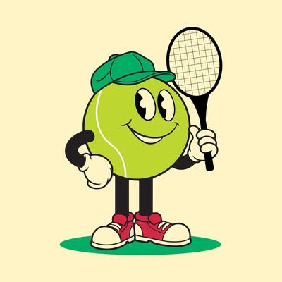 Retro cartoon tennis ball mascot holding a racket, illustration. Isolated on white background