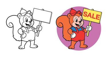 Cartoon retro style squirrel holding a banner with copy space. Sale mascot design. Flat character vector