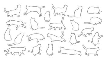 Collection of cat outlines. Different cat poses. Cat is lying, sitting, playing, walking, standing, stretching vector