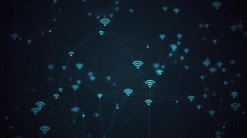 Wi-fi network connections concept background with flashing blue wi-fi icons connected by a digital plexus network. This modern technology background is full HD and a seamless loop. video