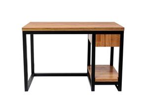 Front view of empty modern computer desk made of wood and steel isolated on white. loft style. photo
