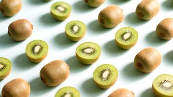Bright green kiwis arranged in a beautiful diagonal pattern on a soft background for a zesty layout photo