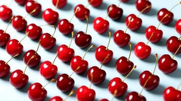 Bright cherries arranged diagonally on a soft background with a fresh red and green color pop photo