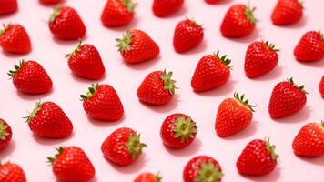 Bright red strawberries scattered across a soft pink background with green tops for a playful fruity design photo