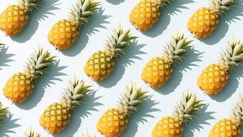Bright pineapples arranged diagonally on a soft background creating a bold tropical aesthetic photo