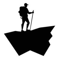 Silhouette of a hiker with backpack on top of a mountain vector