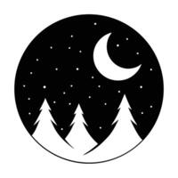 A black and white image of a forest with trees and a moon vector