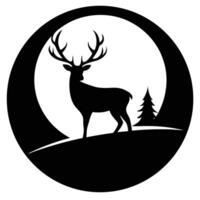 Deer silhouette in circle with moon and trees vector