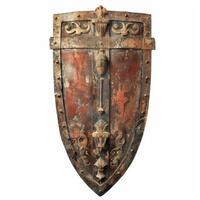 Old medieval decorated metal shield showing signs of wear and tear isolated on white background photo
