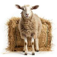 Sheep standing in front of hay bale on white background photo