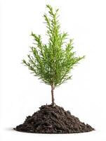 Cypress above soil, photorealistic Cypress plant with soil, isolated on white photo