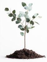 Eucalyptus above soil, photorealistic Eucalyptus plant with soil, isolated on white photo